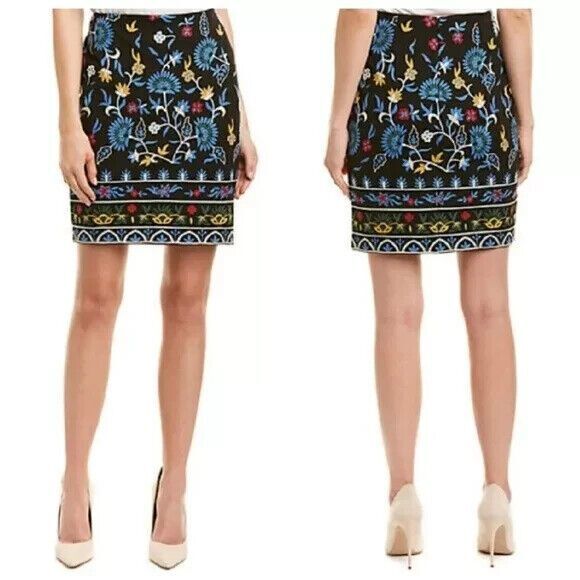 J. McLaughlin Women's Sz 12 Black Embroidered Bainbridge Pencil Skirt Lined Folk - Picture 1 of 13